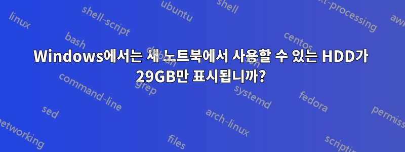 Windows에서는 새 노트북에서 사용할 수 있는 HDD가 29GB만 표시됩니까?