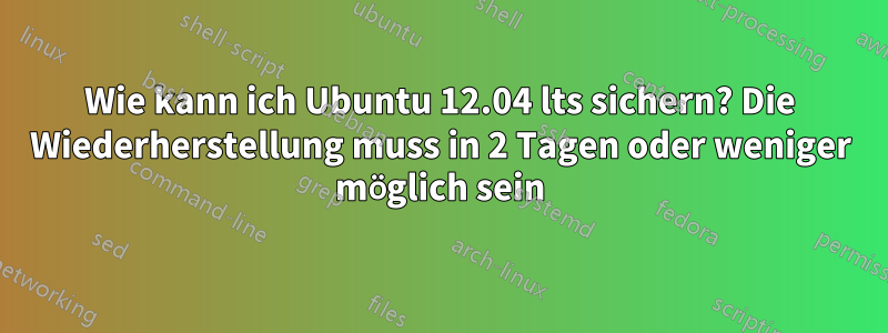 Wie kann ich Ubuntu 12.04 lts sichern? Die Wiederherstellung muss in 2 Tagen oder weniger möglich sein