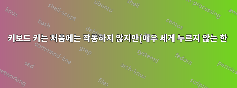 키보드 키는 처음에는 작동하지 않지만(매우 세게 누르지 않는 한) 어려움을 겪고 몇 분 안에 점점 더 잘 작동하기 시작합니다.