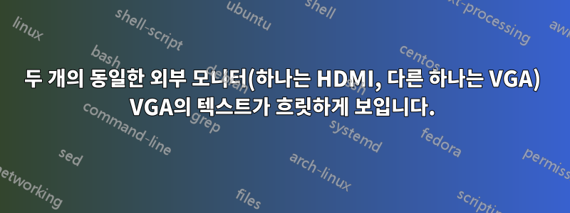 두 개의 동일한 외부 모니터(하나는 HDMI, 다른 하나는 VGA) VGA의 텍스트가 흐릿하게 보입니다.