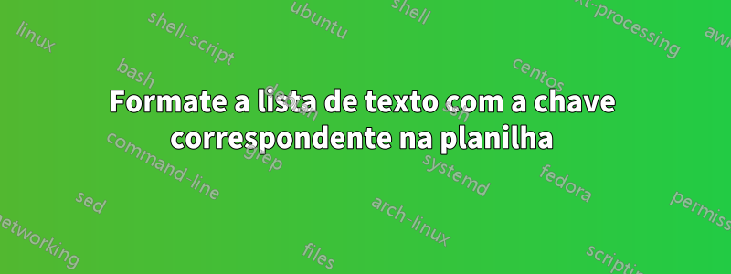 Formate a lista de texto com a chave correspondente na planilha