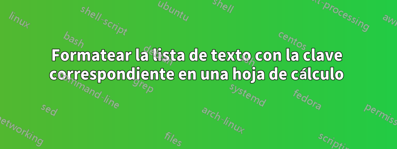 Formatear la lista de texto con la clave correspondiente en una hoja de cálculo