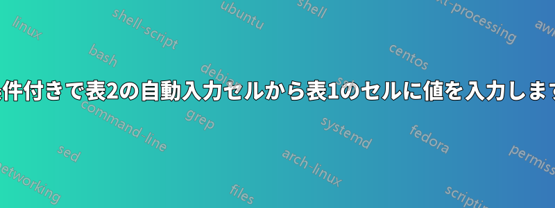 条件付きで表2の自動入力セルから表1のセルに値を入力します