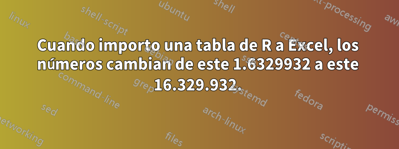 Cuando importo una tabla de R a Excel, los números cambian de este 1.6329932 a este 16.329.932.