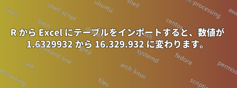 R から Excel にテーブルをインポートすると、数値が 1.6329932 から 16.329.932 に変わります。