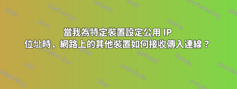 當我為特定裝置設定公用 IP 位址時，網路上的其他裝置如何接收傳入連線？