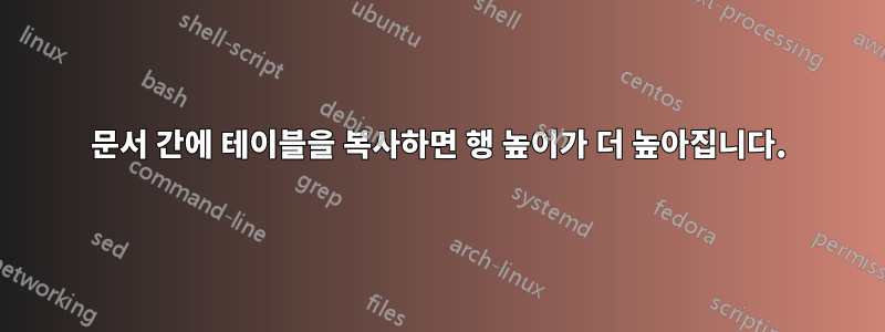 문서 간에 테이블을 복사하면 행 높이가 더 높아집니다.