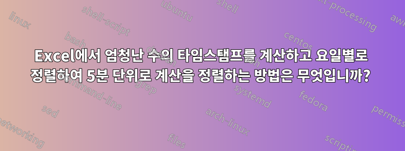 Excel에서 엄청난 수의 타임스탬프를 계산하고 요일별로 정렬하여 5분 단위로 계산을 정렬하는 방법은 무엇입니까?