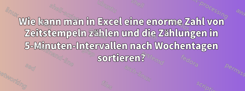 Wie kann man in Excel eine enorme Zahl von Zeitstempeln zählen und die Zählungen in 5-Minuten-Intervallen nach Wochentagen sortieren?