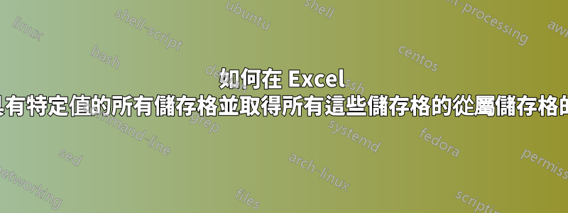 如何在 Excel 中找到具有特定值的所有儲存格並取得所有這些儲存格的從屬儲存格的總和？