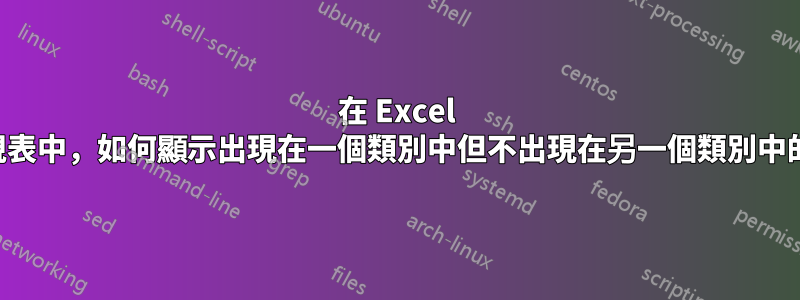 在 Excel 資料透視表中，如何顯示出現在一個類別中但不出現在另一個類別中的項目？