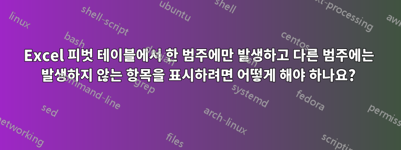 Excel 피벗 테이블에서 한 범주에만 발생하고 다른 범주에는 발생하지 않는 항목을 표시하려면 어떻게 해야 하나요?