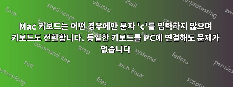 Mac 키보드는 어떤 경우에만 문자 'c'를 입력하지 않으며 키보드도 전환합니다. 동일한 키보드를 PC에 연결해도 문제가 없습니다