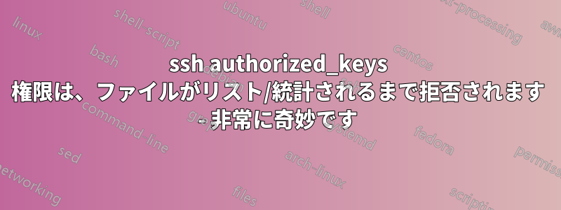 ssh authorized_keys 権限は、ファイルがリスト/統計されるまで拒否されます - 非常に奇妙です