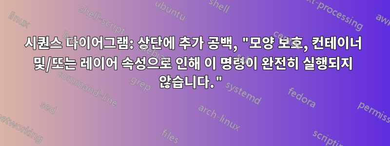 시퀀스 다이어그램: 상단에 추가 공백, "모양 보호, 컨테이너 및/또는 레이어 속성으로 인해 이 명령이 완전히 실행되지 않습니다."