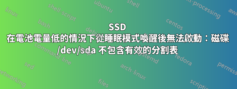 SSD 在電池電量低的情況下從睡眠模式喚醒後無法啟動：磁碟 /dev/sda 不包含有效的分割表