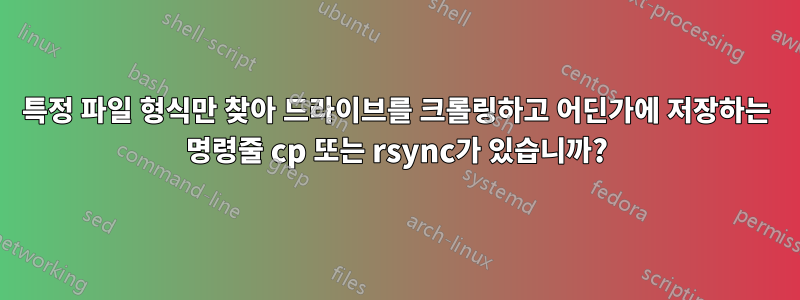 특정 파일 형식만 찾아 드라이브를 크롤링하고 어딘가에 저장하는 명령줄 cp 또는 rsync가 있습니까?