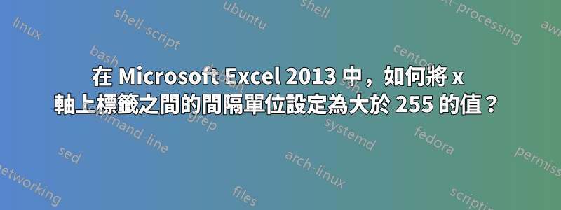 在 Microsoft Excel 2013 中，如何將 x 軸上標籤之間的間隔單位設定為大於 255 的值？