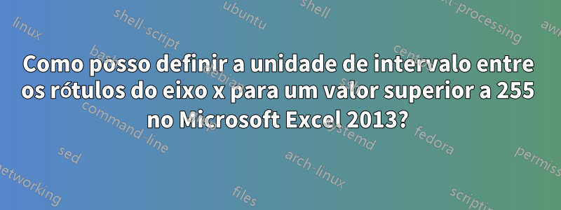 Como posso definir a unidade de intervalo entre os rótulos do eixo x para um valor superior a 255 no Microsoft Excel 2013?