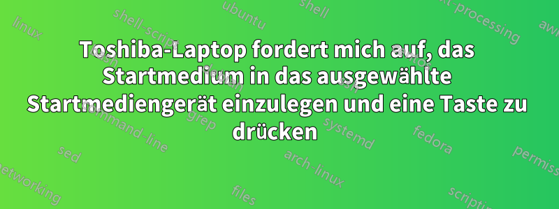 Toshiba-Laptop fordert mich auf, das Startmedium in das ausgewählte Startmediengerät einzulegen und eine Taste zu drücken 