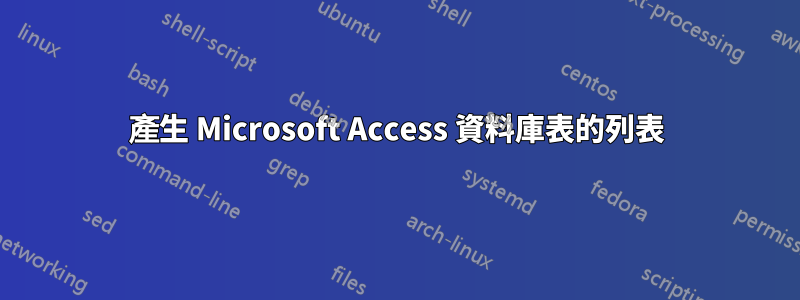 產生 Microsoft Access 資料庫表的列表