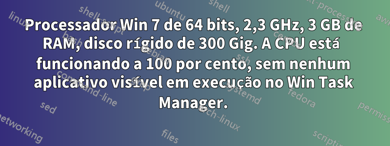 Processador Win 7 de 64 bits, 2,3 GHz, 3 GB de RAM, disco rígido de 300 Gig. A CPU está funcionando a 100 por cento, sem nenhum aplicativo visível em execução no Win Task Manager.