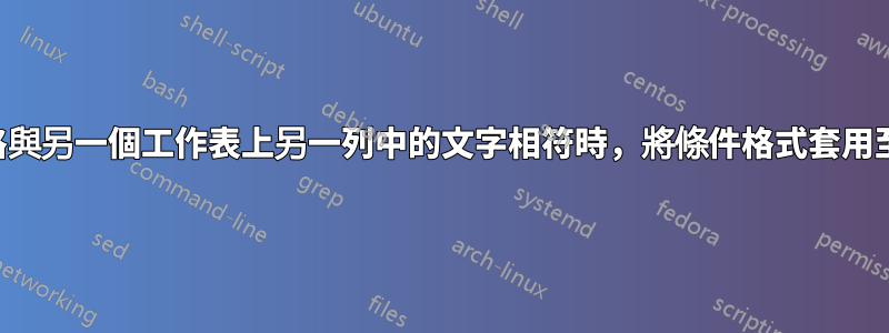 當儲存格與另一個工作表上另一列中的文字相符時，將條件格式套用至儲存格