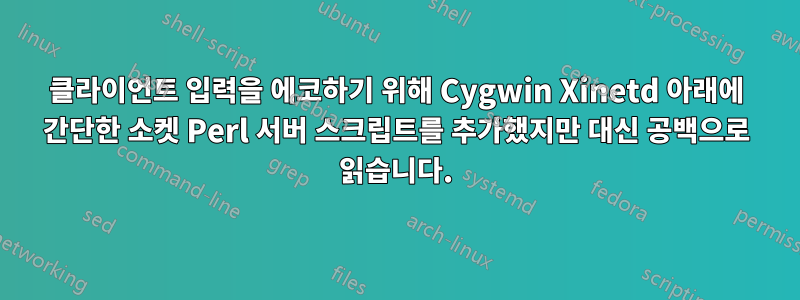 클라이언트 입력을 에코하기 위해 Cygwin Xinetd 아래에 간단한 소켓 Perl 서버 스크립트를 추가했지만 대신 공백으로 읽습니다.