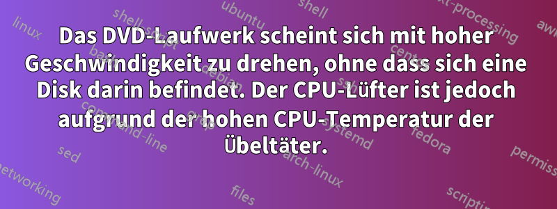 Das DVD-Laufwerk scheint sich mit hoher Geschwindigkeit zu drehen, ohne dass sich eine Disk darin befindet. Der CPU-Lüfter ist jedoch aufgrund der hohen CPU-Temperatur der Übeltäter.