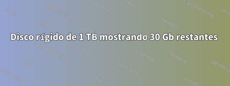 Disco rígido de 1 TB mostrando 30 Gb restantes