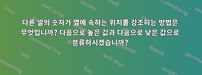 다른 셀의 숫자가 열에 속하는 위치를 강조하는 방법은 무엇입니까? 다음으로 높은 값과 다음으로 낮은 값으로 분류하시겠습니까?