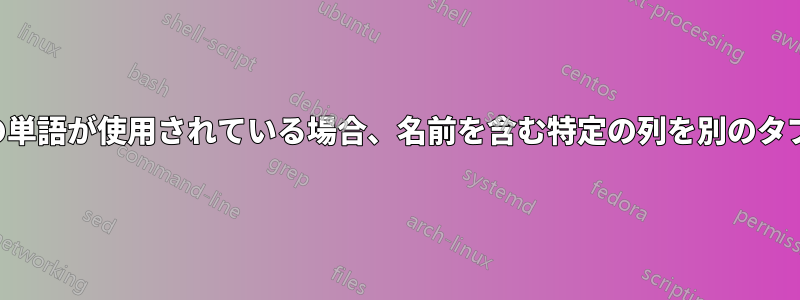 別の列で特定の単語が使用されている場合、名前を含む特定の列を別のタブにコピーする