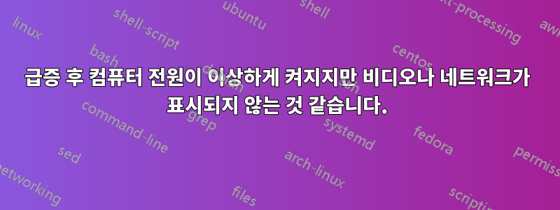 급증 후 컴퓨터 전원이 이상하게 켜지지만 비디오나 네트워크가 표시되지 않는 것 같습니다.