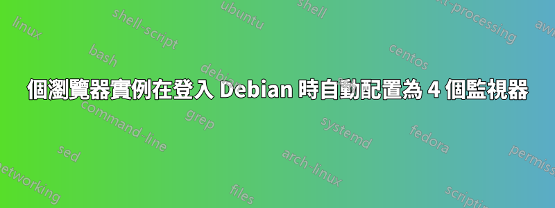 4 個瀏覽器實例在登入 Debian 時自動配置為 4 個監視器