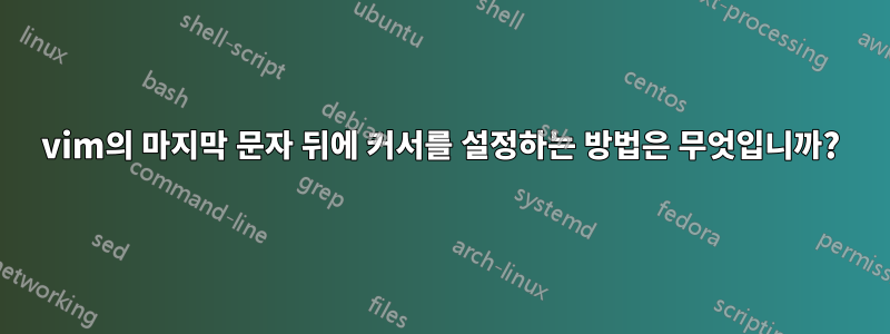 vim의 마지막 문자 뒤에 커서를 설정하는 방법은 무엇입니까?