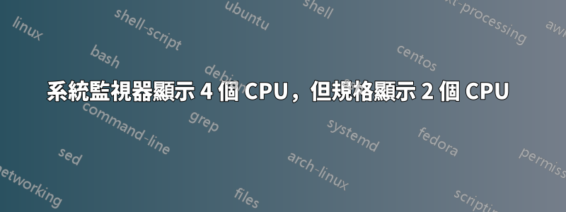 系統監視器顯示 4 個 CPU，但規格顯示 2 個 CPU 