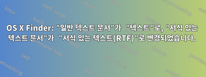 OS X Finder: "일반 텍스트 문서"가 "텍스트"로, "서식 있는 텍스트 문서"가 "서식 있는 텍스트(RTF)"로 변경되었습니다.