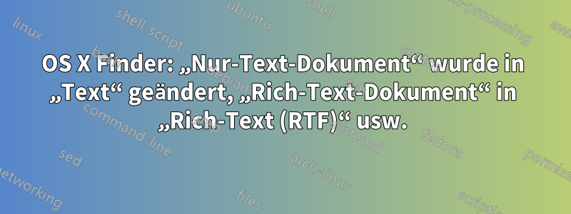 OS X Finder: „Nur-Text-Dokument“ wurde in „Text“ geändert, „Rich-Text-Dokument“ in „Rich-Text (RTF)“ usw.