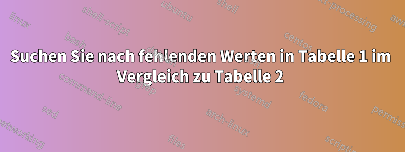 Suchen Sie nach fehlenden Werten in Tabelle 1 im Vergleich zu Tabelle 2