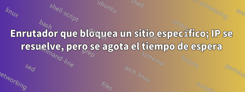 Enrutador que bloquea un sitio específico; IP se resuelve, pero se agota el tiempo de espera