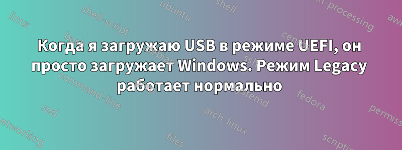 Когда я загружаю USB в режиме UEFI, он просто загружает Windows. Режим Legacy работает нормально