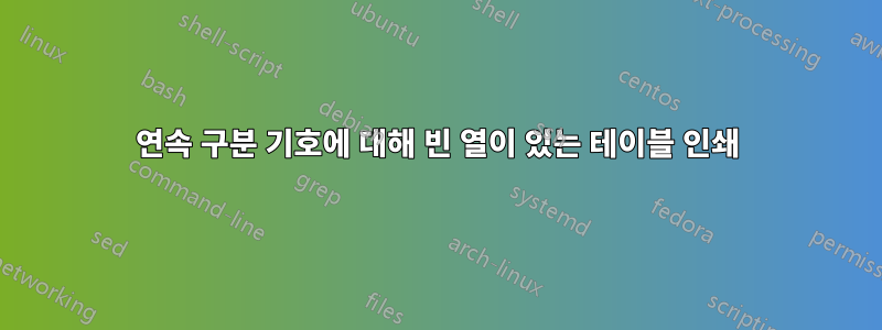 연속 구분 기호에 대해 빈 열이 있는 테이블 인쇄