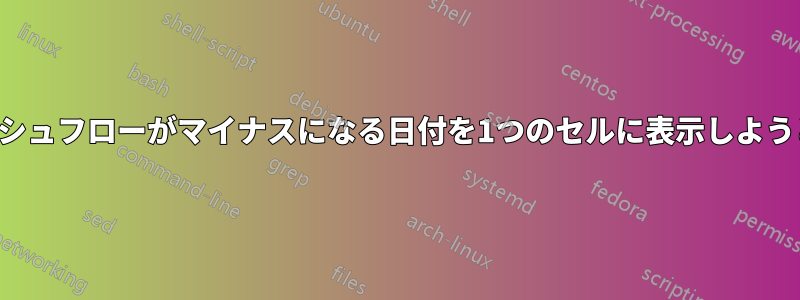 キャッシュフローがマイナスになる日付を1つのセルに表示しようとする