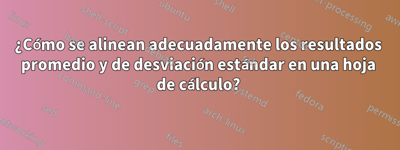 ¿Cómo se alinean adecuadamente los resultados promedio y de desviación estándar en una hoja de cálculo?