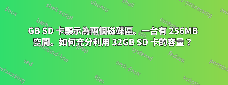 32GB SD 卡顯示為兩個磁碟區。一台有 256MB 空間。如何充分利用 32GB SD 卡的容量？