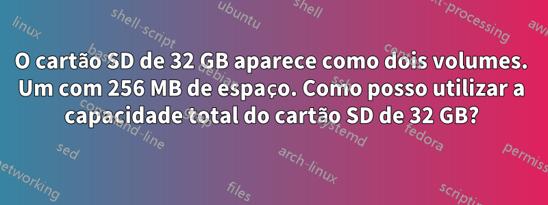 O cartão SD de 32 GB aparece como dois volumes. Um com 256 MB de espaço. Como posso utilizar a capacidade total do cartão SD de 32 GB?