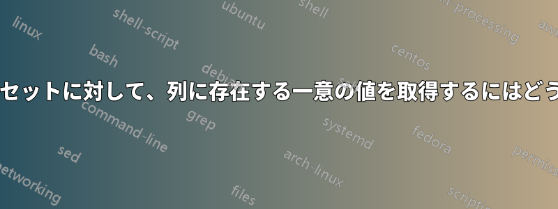 別の列の同一値の各セットに対して、列に存在する一意の値を取得するにはどうすればよいですか?