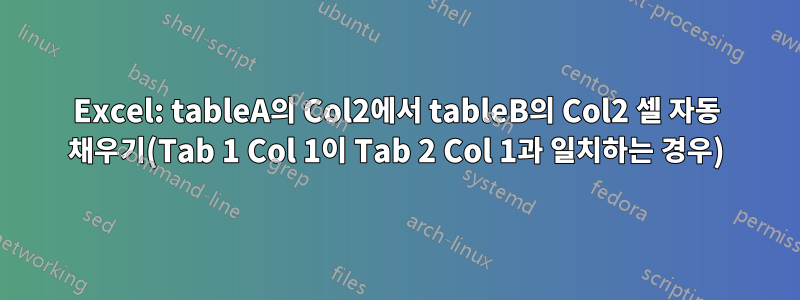 Excel: tableA의 Col2에서 tableB의 Col2 셀 자동 채우기(Tab 1 Col 1이 Tab 2 Col 1과 일치하는 경우)