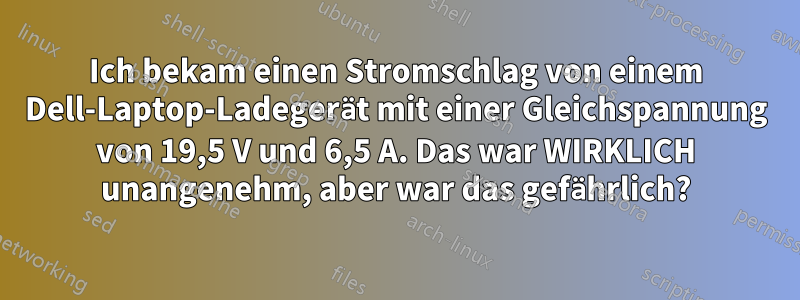 Ich bekam einen Stromschlag von einem Dell-Laptop-Ladegerät mit einer Gleichspannung von 19,5 V und 6,5 A. Das war WIRKLICH unangenehm, aber war das gefährlich?