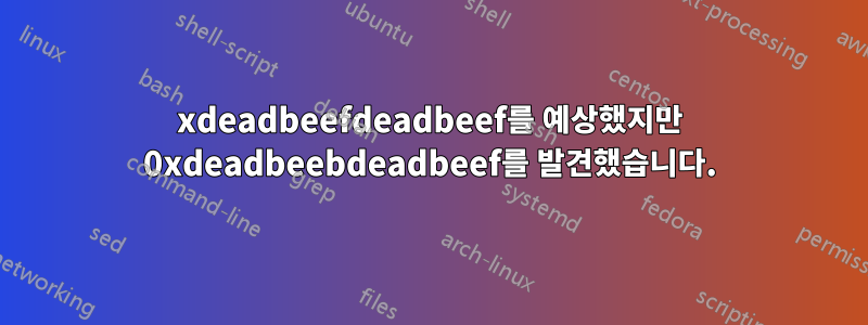 0xdeadbeefdeadbeef를 예상했지만 0xdeadbeebdeadbeef를 발견했습니다.